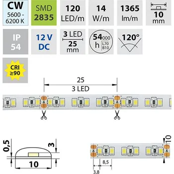 LED páska MCLED LED pásek SMD2835 CW, 120LED/m, 14W/m, 1212lm/m, IP54, DC 12V, 10mm, 5m