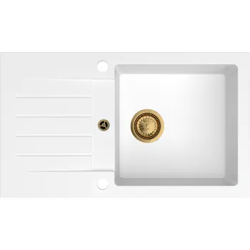 Granitový dřez Sink Quality Natalie, kuchyňský granitový dřez 770x450x170 mm + zlatý sifon, bílá, SKQ-NAT.W.1KDO.XG