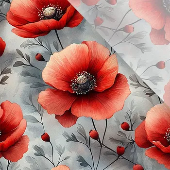 Zbytek - Umělé hedvábí / silky elastické divoké máky na šedé