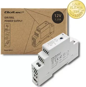stmívač Qoltec 50916 – Průmyslový napájecí zdroj na DIN lištu 15 W / 12 V / 1,25 A / Šedý (Napájecí zdroje pro DIN lištu jsou určeny pro náročné průmyslové prostředí. Vyznačují se vysokou účinností. Jsou vybaveny ochranou proti zkratu, přetížení, přepětí a teplot