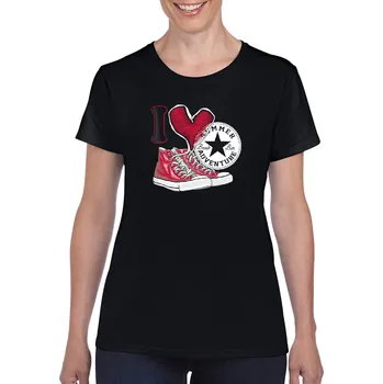 Dámské tričko levne-damske-bavlnene-tricko-potisk-srdce-tenisky Velikost dámská trička Basic: XL šířka 56, délka 67, Odstín dámské tričko Basic: Černé