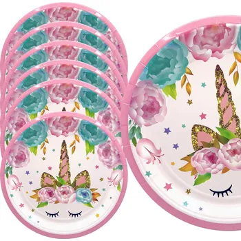 Talíř PAPÍROVÉ TALÍŘKY 18 cm JEDNOROŽEC RŮŽOVÝ UNICORN KVĚTINY 6 kusů