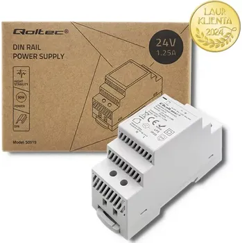 stmívač Qoltec 50919 – Průmyslový napájecí zdroj na DIN lištu 30 W / 24 V / 1,25 A / Šedý (Napájecí zdroje pro DIN lištu jsou určeny pro náročné průmyslové prostředí. Vyznačují se vysokou účinností. Jsou vybaveny ochranou proti zkratu, přetížení, přepětí a teplot
