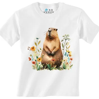 Dívčí tričko Dětské tričko Kapybara na Rozkvetlé Louce (Barva: Bílá)