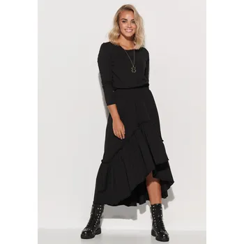Dámské oblečení Pletené maxi šaty s gumou a volány M573 Barva: Černá, Velikost: L/XL