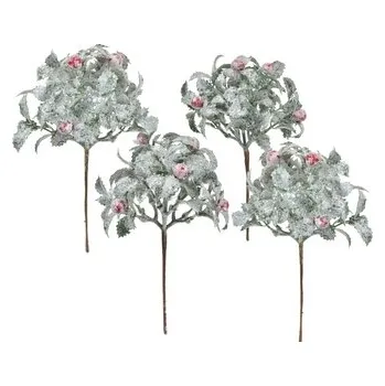 umělá květina Keřík zelený s červenými bobulemi s jinovatkou 25 cm, set 4 ks