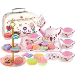 Čajová sada v kufříku s filiżankami, talířky a dortíky