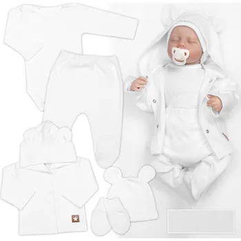Kojenecké oblečení Baby Nellys Žebrovaná sada, Star 5D, body, polodupačky, kabátek, čepička, rukavice -, bílá Velikost: 74 (6-9m)