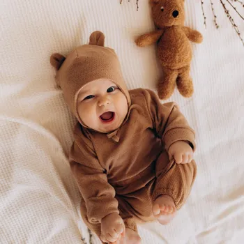 Dětská móda WOOLY ORGANIC Čepička merino s oušky Noos Natural Dark Brown Velikost (od výrobce): 40/42