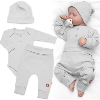 Kojenecká souprava Baby Nellys Žebrovaná rostoucí souprava 3D, Baby Boy - šedá Velikost: 68/74 (6-9m)