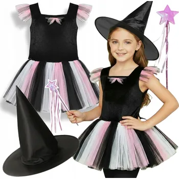 Karnevalový kostým Kostým Čarodějka Šaty Růžové Kouzelná Hůlka Klobouk Čarodějnice Velikost 130/140