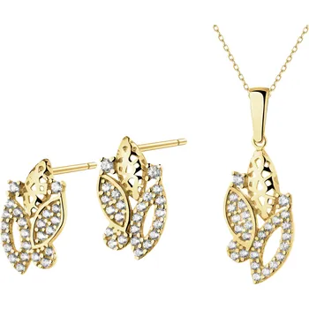 Souprava šperků Zlaté náušnice a přívěsek se zirkony - souprava - listy - AP541-8263