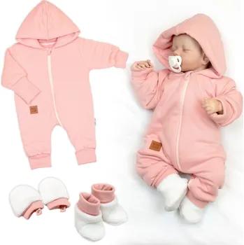 Kojenecká souprava Baby Nellys Bavlněný oteplený overálek s kapucí, rukavičky, botky, 3D sada Nature - korálová Velikost: 56 (1-2m)