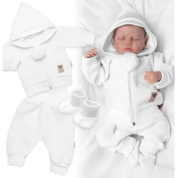 Kojenecká souprava Baby Nellys 3-dílná souprava Hand made, pletený kabátek, kalhoty a botičky, bílá Velikost: 56 (1-2m)