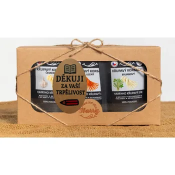 Dárková krabička Křupavý sýr Dárková sada 3 druhů lyo korbáčiků od Bači děkuji za Vaši trpělivost (Křupavý sýr Dárková sada 3 druhů lyo korbáčiků od Bači děkuji za Vaši trpělivost)