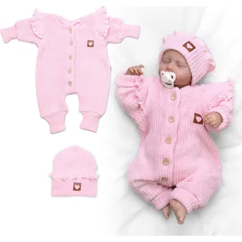 Kojenecký body Baby Nellys Rostoucí pletený oversize overálek + čepička Love s volánkem, růžový Velikost: 56/62 (0-3m)