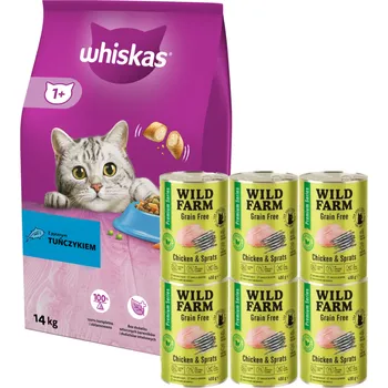 Krmivo pro kočku Whiskas Adult tuňák 14 kg + WILD FARM Premium Grain Free Chicken and Sprats 6x400g