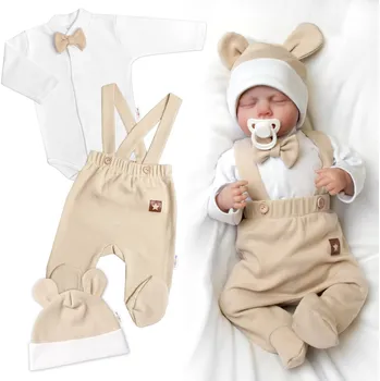 Kojenecká souprava Baby Nellys Bavlněná souprava Gentleman 3D, body, polodupačky s láclem + čepička, béžová/bílá Velikost: 56 (1-2m)