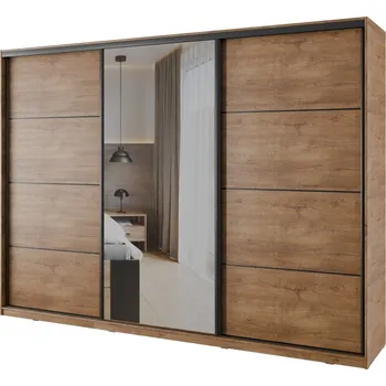 Šatní skříň Šatní skříň NEJBY BARNABA 280 cm s posuvnými dveřmi,zrcadlem,4 šuplíky a 2 šatními tyčemi,dub lefkas +možnost VÝNOSU + vyzvednutí ZDARMA