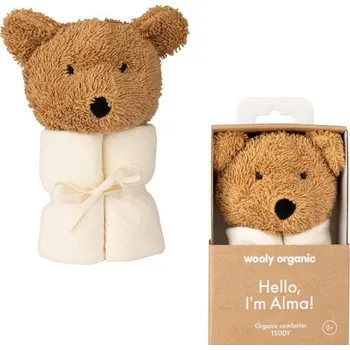 Hračka pro nejmenší WOOLY ORGANIC Mušelínový muchláček s plyšovým medvídkem Alma Caramel Brown