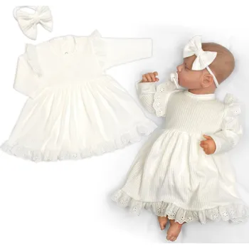 Kojenecké šaty Baby Nellys Žebrované sukničkobody + čelenka Paula, dl. rukáv, bavlna, 2D sada, smetanové Velikost: 68/74 (6-9m)