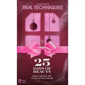 Kosmetická sada Real Techniques 25 Days Of Beauty gumičky do vlasů 2 ks + matující papírky 30 ks + sponky do vlasů 2 ks + šablona na linky 1 ks + make-up páska 1 ks + Real Techniques Miracle Mini sada make-up aplikátorů mini 2 ks + Miracle Complexion Sponge houbička na m