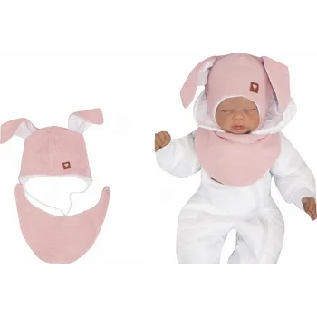 Z&Z Dvouvrstvá pletená čepice na zavazování s šátkem 2v1, Zajíček - růžová, vel. 68 Velikost: 74 (6-9m)