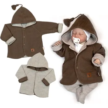 Kojenecká bunda Baby Nellys Pletený dětský kabátek/bundička s kapucí Star, oboustranný - hnědý, béžový Velikost: 62 (2-3m)