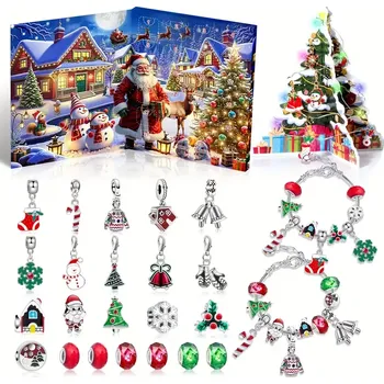 Vánoční dekorace Abatoni Vánoční Adventní kalendář se 2 náramky a 22 přívěsky - barva stříbrná, červená a zelená (sada pro výrobu náramků)