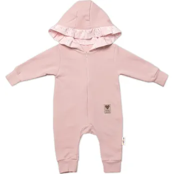 Kojenecká kombinéza Baby Nellys Teplákový overal s kapucí a volánkem, New Bunny - pudrová Velikost: 86 (12-18m)