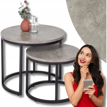 Konferenční stolek Sada Konferenční Stolek Kulatý 2v1 Lavice do Obývacího Pokoje Loft Beton Černý ROCKY