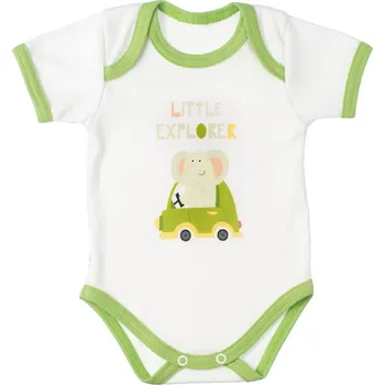 Kojenecké oblečení MBaby Bavlněné body s krátkým rukávem, Slůně Little Explorer, bílo/zelené Velikost: 56 (1-2m)