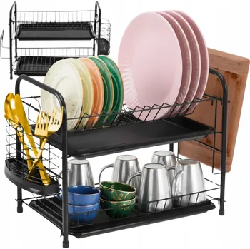 Obraz DUŻA DWUPOZIOMOWA SUSZARKA DO NACZYŃ STOJÍCÍ ODKAPÁVAČ ČERNÝ KOVOVÝ REGÁL