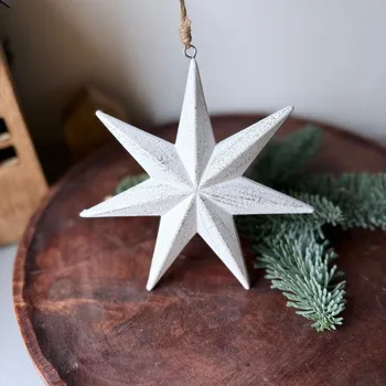 Vánoční dekorace Hvězda dřevo závěs bílá patina 16cm