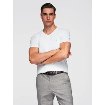 Pánské tričko Pánské tričko SLIM FIT s výstřihem do V, elastanem a potiskem - bílé V2 OM-TSBC-0221 - L