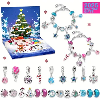 Vánoční dekorace Abatoni Adventní kalendář se 2 náramky a 22 přívěsky - barva stříbrná, růžová a modrá (sada pro výrobu náramků)