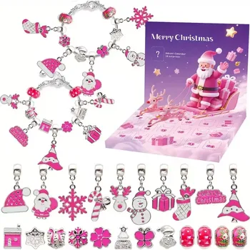 Vánoční dekorace Abatoni Vánoční Adventní kalendář se 2 náramky a 22 přívěsky - barva stříbrná a růžová (sada pro výrobu náramků)