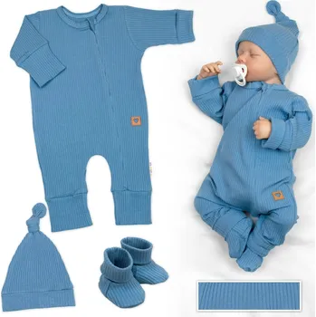 Kojenecká souprava Baby Nellys Rostoucí žebrovaný overálek, čepička a botičky, 3D, Nature -jeans Velikost: 62/68 (3-6m)
