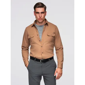 Pánská košile Pánská bavlněná košile REGULAR FIT s kapsami na knoflíky - velbloudí V2 OM-SHCS-0146 - M