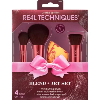 Real Techniques Blend + Jet Set mini RT 402 štětec na rozjasňovač 1 ks + mini RT 407 štětec na pudr 1 ks + mini RT 256 kabuki štětec na make-up 1 ks + Miracle Complexion Sponge houbička na make-up 1 ks