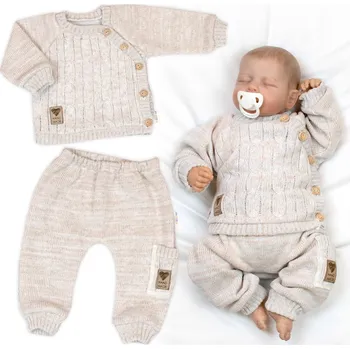 Kojenecká souprava Baby Nellys Pletený svetřík a kalhoty s kapsou Hand Made 2D, Nature lux - béžový melírek Velikost: 56 (1-2m)