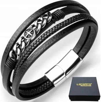 Náramek LECERTO PÁNSKÝ KOŽENÝ PLETENÝ NÁRAMEK PREMIUM ŘEMÍNEK KOMPAS