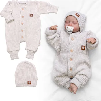 Kojenecký body Baby Nellys Rostoucí pletený oversize overálek + čepička Star, béžový melírek, vel. 68/74 Velikost: 56/62 (0-3m)