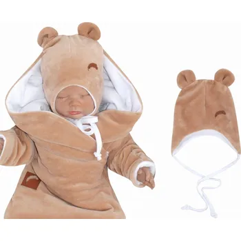 Kojenecký body Z&Z Velurová čepice na zavazování s oušky, béžová Velikost: 68/74 (6-9m)