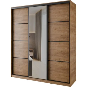 Šatní skříň Šatní skříň NEJBY BARNABA 180 cm s posuvnými dveřmi,zrcadlem,4 šuplíky a 2 šatními tyčemi,dub lefkas +možnost VÝNOSU + vyzvednutí ZDARMA