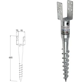 Tesařské kování DOMAX PWU zemní šroubovací patka sloupku Žárový zinek (ZNO) PWU 80/685 - 81 x 70 x 135 x 550 x 685 x 1.8 mm x 4 mm (6 ks)