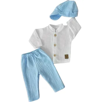 Kojenecká souprava Z&Z Mušelínová košile, kalhoty + čepice, 3D sada, Boy Z&Z, bílá/modrá Velikost: 56 (1-2m)