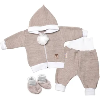 Kojenecká souprava Baby Nellys 3-dílná souprava Hand made, pletený kabátek, kalhoty a botičky, béžová Velikost: 56 (1-2m)