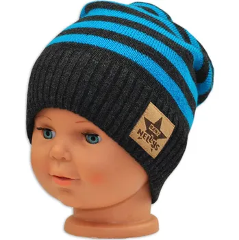 BABY NELLYS Podzimní/zimní proužkovaná čepice -grafit/tyrkys Velikost koj oblečení: 116 (5-6r)