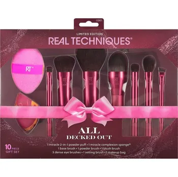 Kosmetika Real Techniques All Decked Out Real Techniques Miracle 2-In-1 houbička na make-up 1 ks + Miracle Complexion Sponge houbička na make-up 1 ks + RT 332 štětec na oční stíny 1 ks + RT 200 štětec na make-up 1 ks + RT 201 štětec na pudr 1 ks + RT 453 štětec na 